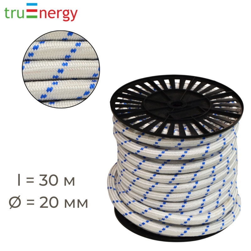 Шнур плетеный полипропиленовый с сердечником 20 мм, 30 м truenergy 12086